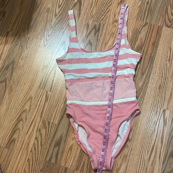 90s Pink Swimsuit, vintage Jantzen Striped Tank style Suit, cotton Lycra, 12 - Picture 3 of 10